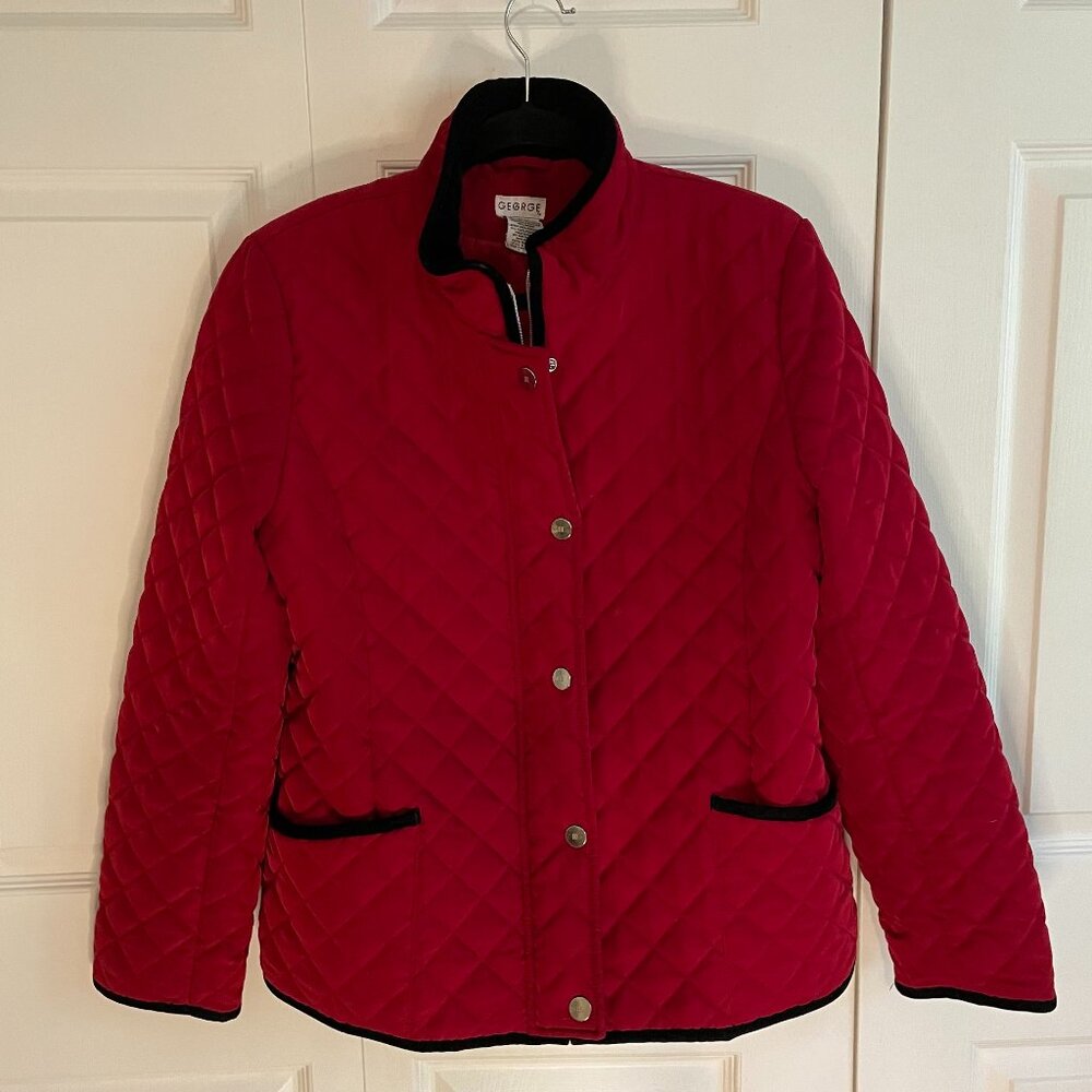 Red Quilted Jacket with Black Velvet Piping. Sz. L (12-14)